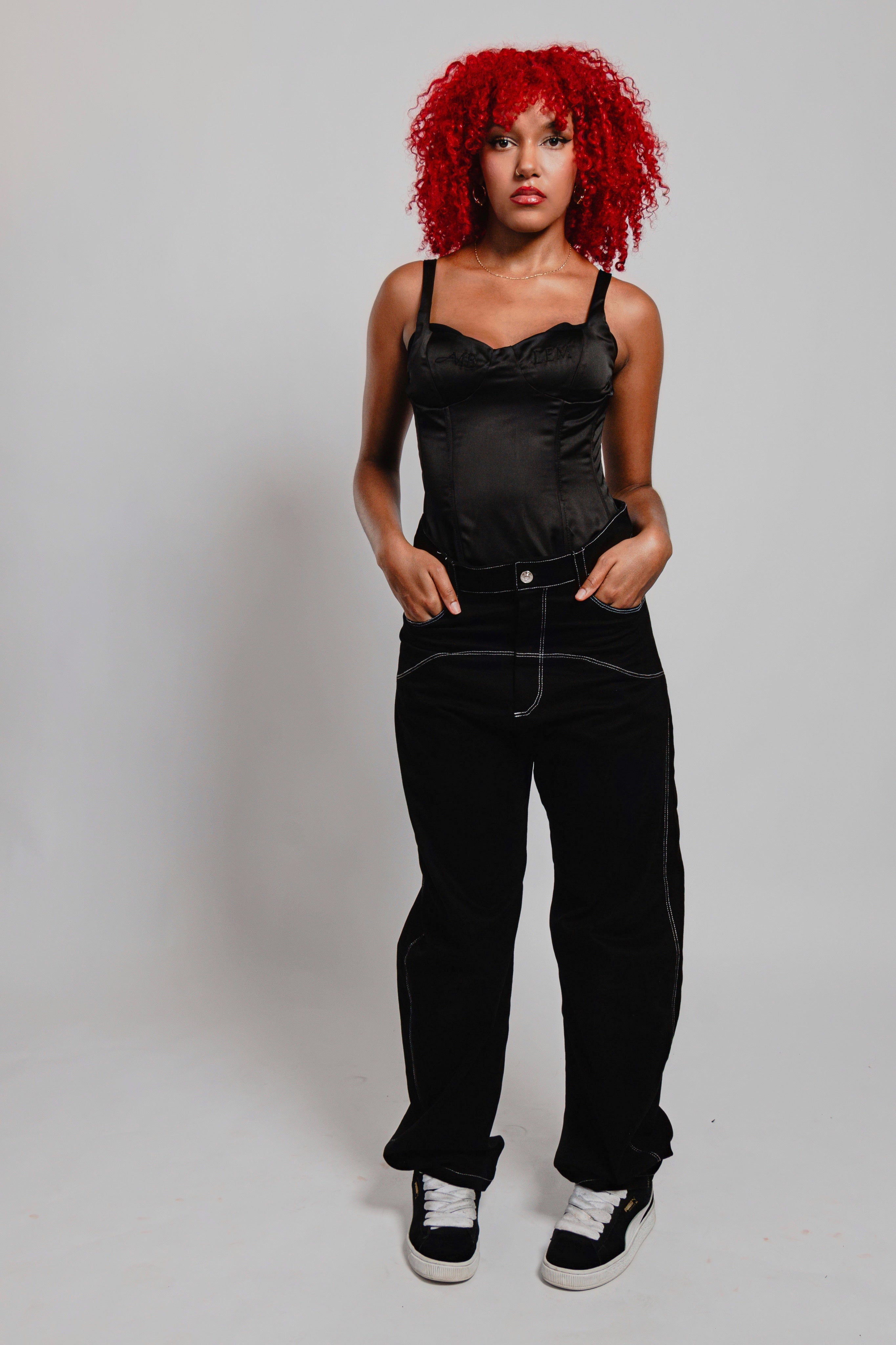 PANTALON NOIR SURPIQURES TAILLE HAUTE